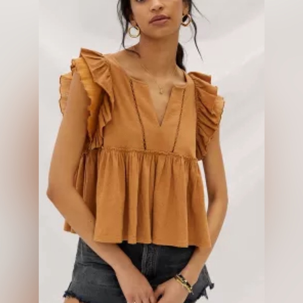 Anthropologie Ruffled Caroline Babydoll Size Small Brown Blouse
